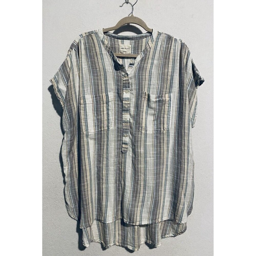 American Eagle Top Womens Medium Striped Oversized Fit Hi Low Hem Lightweight
